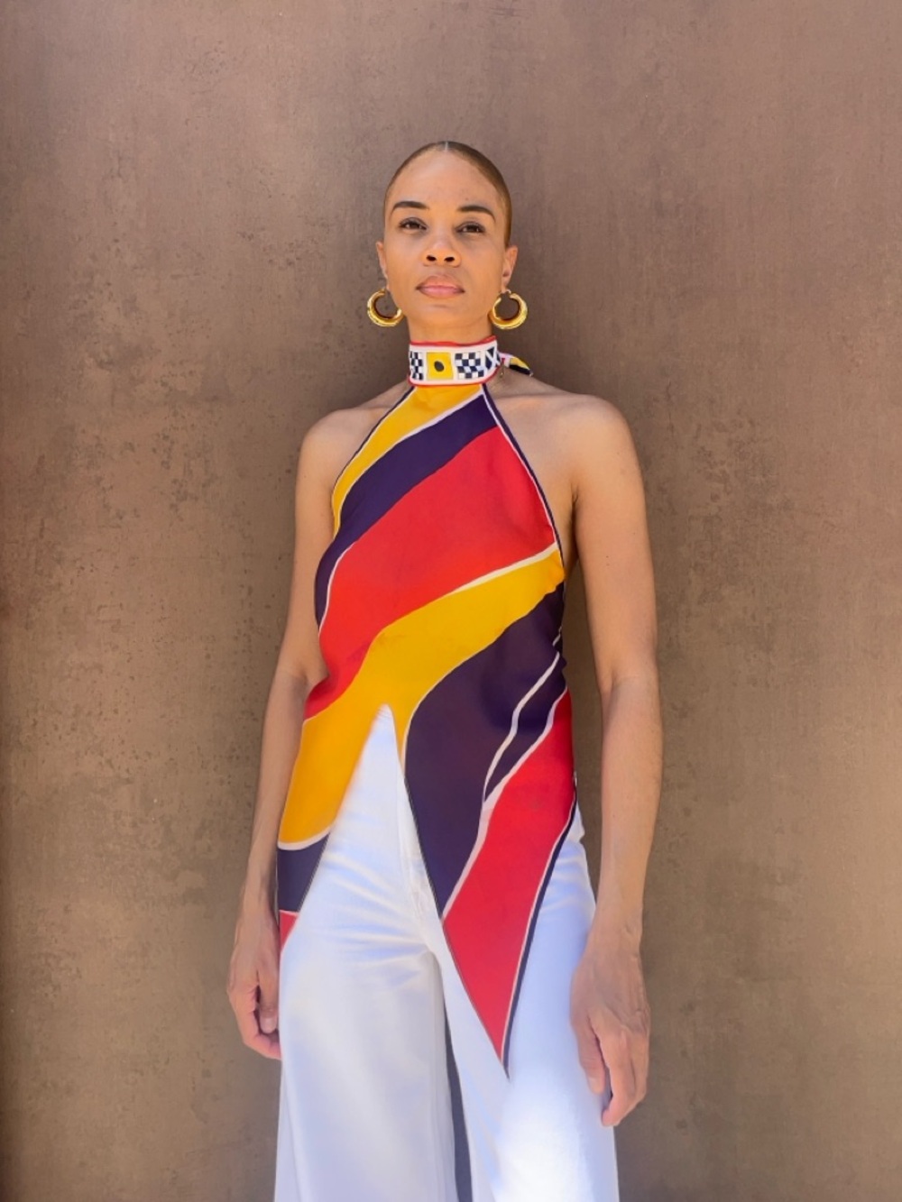 Vibrant Halter Scarf Top in Red, Yellow & Navy